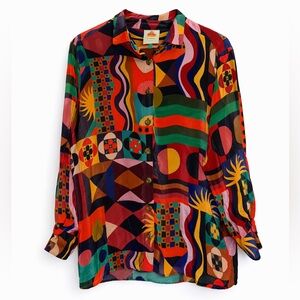 🌈 Farm Rio Multicolor Abstract Print Button-Down Blouse – Size L
